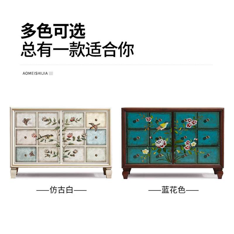 美式田园风格实木斗柜艺术彩绘多抽屉分类储物柜卧室收纳柜五斗柜