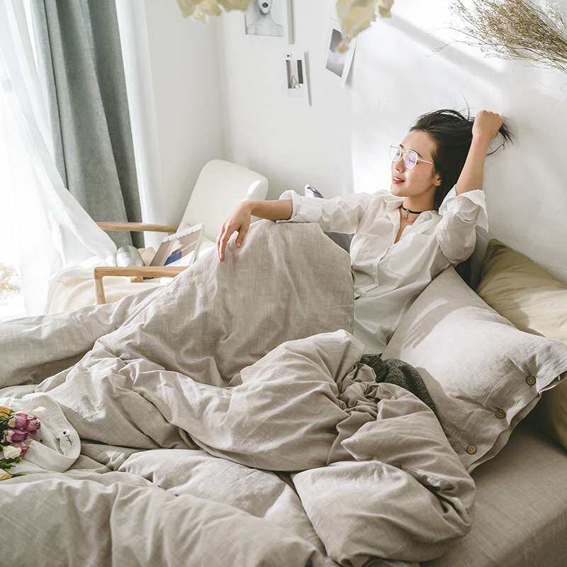 北欧棉麻裸睡四件套春夏亚麻四季款纯色1.8m双人床品床单床笠款