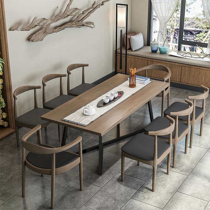 美式实木餐桌组合复古个性饭桌长方形设计师家具禅意古典泡茶桌椅