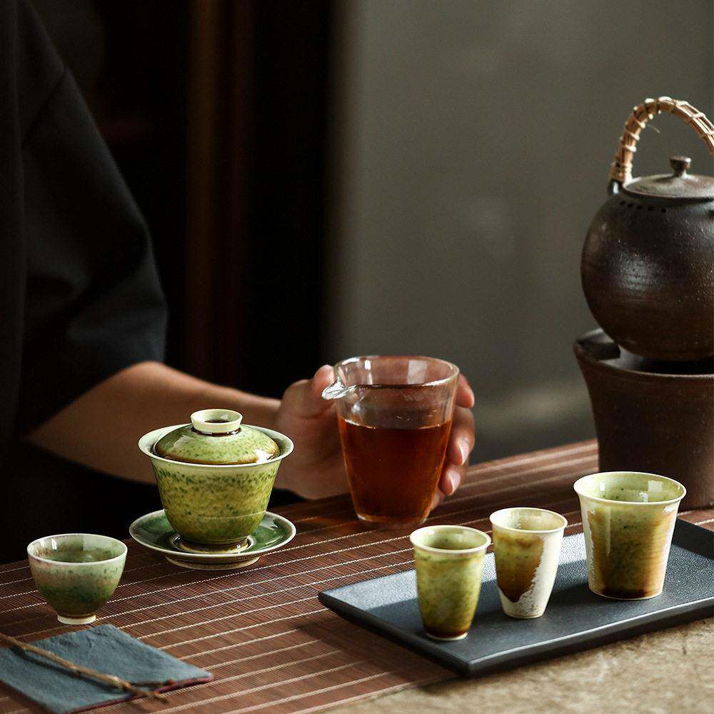 景德镇晴先生苏打绿柴烧颜色釉盖碗茶杯不烫手泡茶碗一碗四杯套装