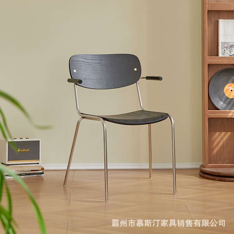 意式轻奢靠背椅简约复古金属/MESSI不锈钢胡桃木曲木座面扶手餐椅