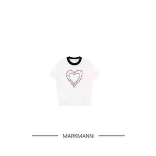 MKMANI 爱心白色针织T恤女夏季新款宽松撞色短袖