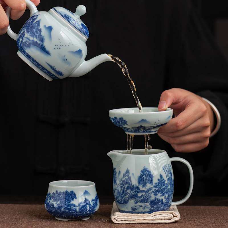 青花瓷茶滤过滤网景德镇全瓷细密茶隔陶瓷茶具配件茶漏一体公道杯