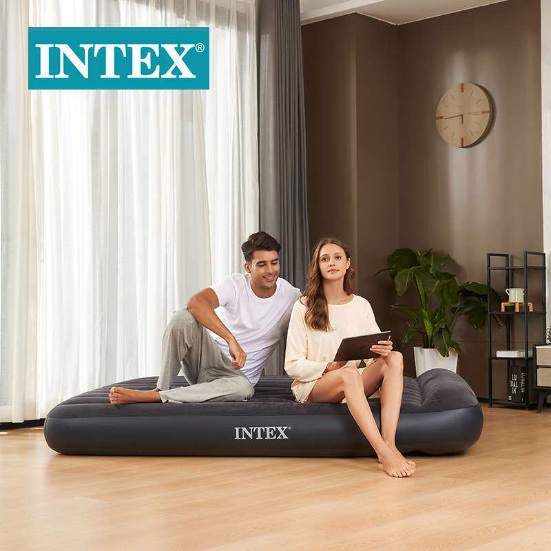 INTEX64144黑白内置枕头单层特大线拉空气床植绒野营充气床垫