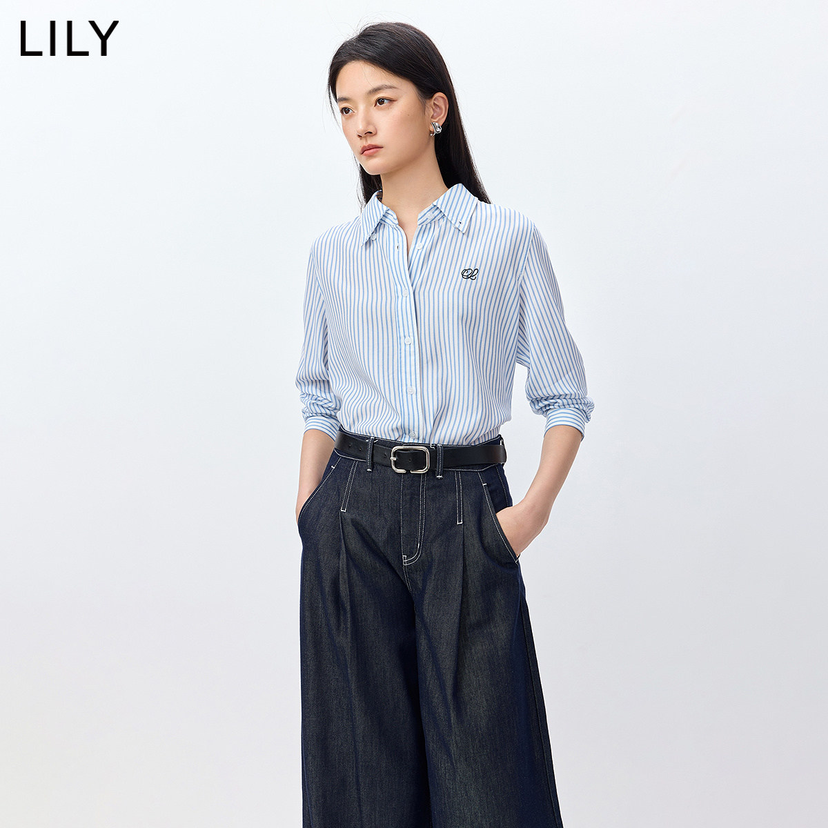 LILY2026春新款女装莱赛尔亚麻老钱风松弛感条纹休闲浅色衬衫外套