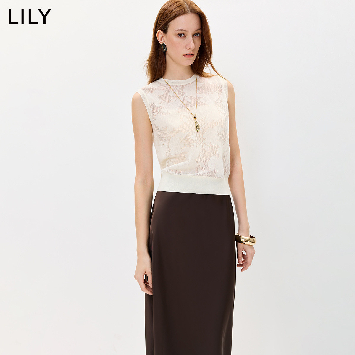 LILY2026秋新款女装含莱赛尔亚麻镂空花朵钩针白色套头针织衫背心