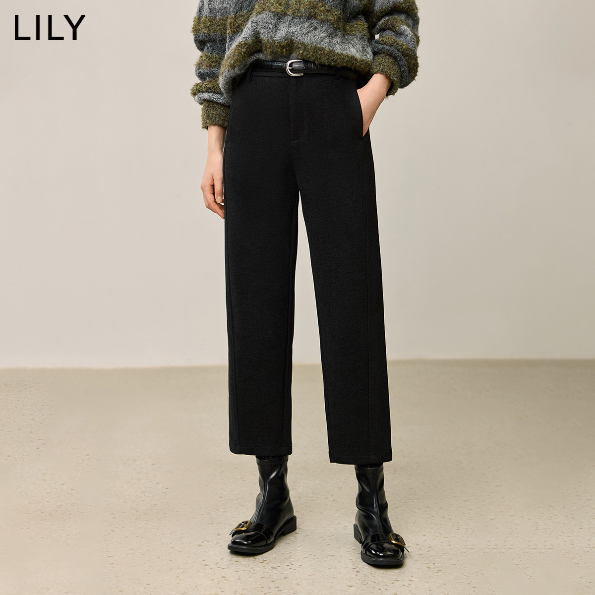 LILY2026冬新款复古经典通勤百搭深色加厚毛呢九分直筒裤休闲裤女