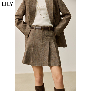 LILY2026秋新款女装复古肌理感休闲通勤压褶百褶裙高腰短裙半身裙