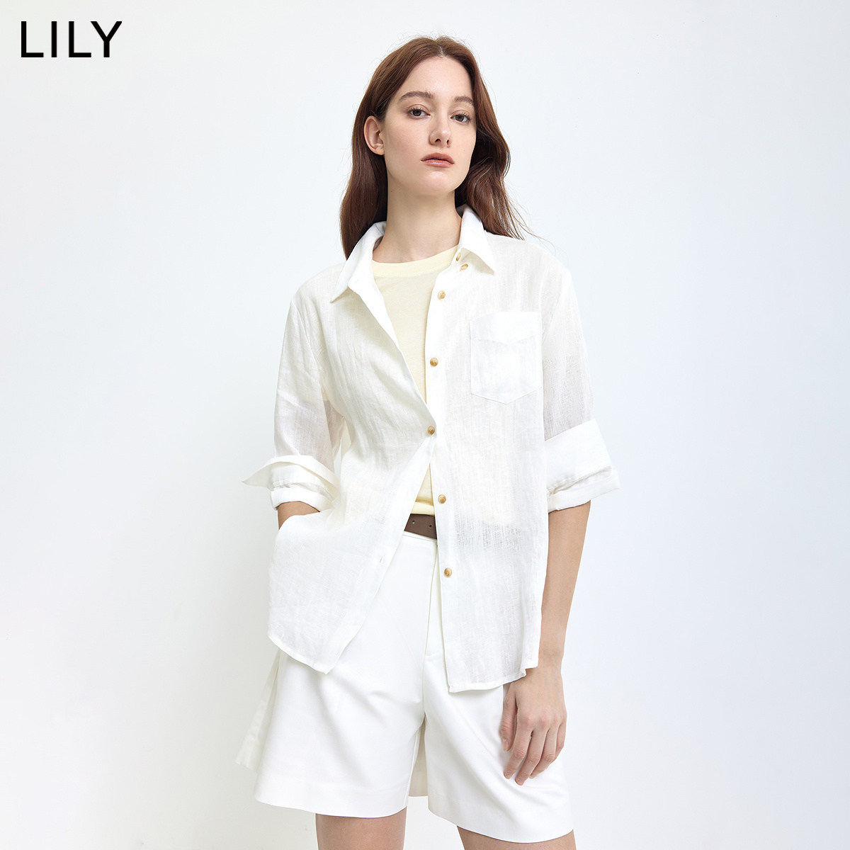 100%亚麻LILY2026夏新款简约翻领宽松休闲工装长袖衬衫外套女短款