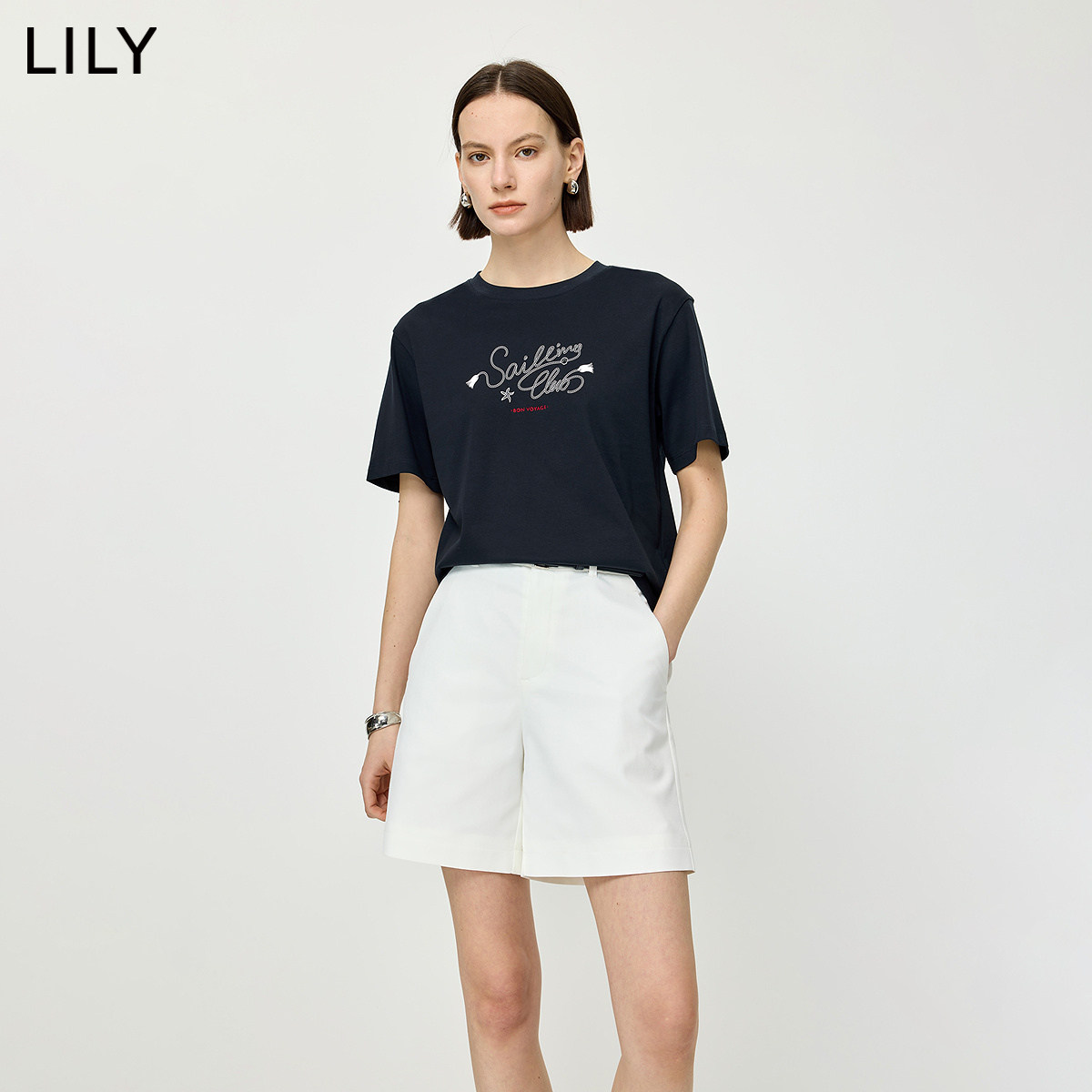 LILY2026夏新款简约撞色绳索印花绣花宽松休闲圆领短袖T恤上衣女
