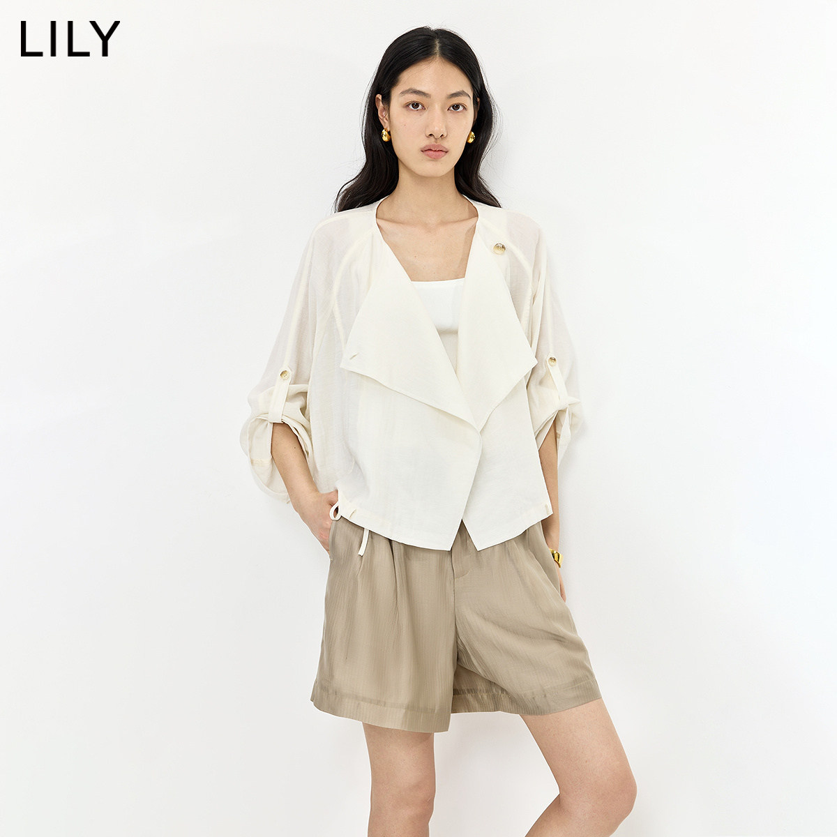 LILY2026夏新款莱赛尔亚麻混纺大翻领宽松通勤纯色长袖外套女短款