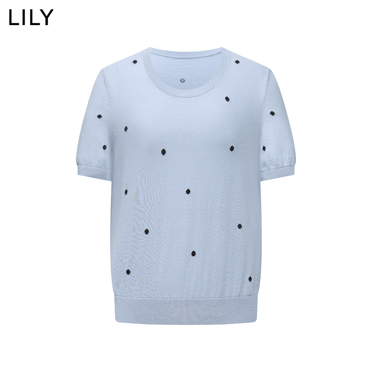 LILY2026夏新款女装含桑蚕丝亚麻复古波点U领休闲蓝色短袖针织衫