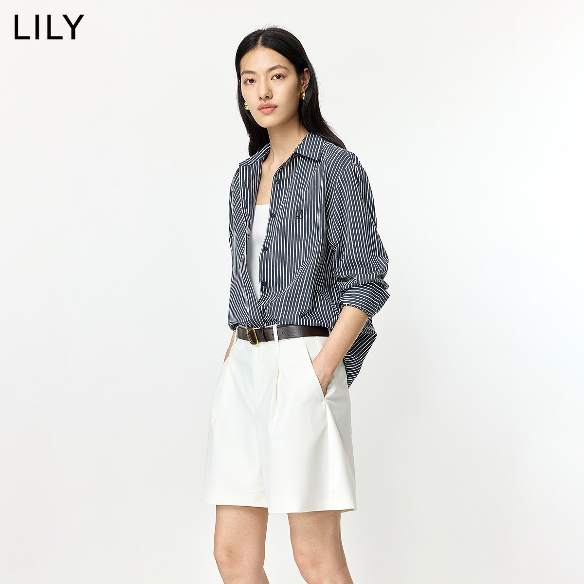 LILY2026夏新款含亚麻复古条纹翻领宽松休闲通勤藏青色衬衫外套女