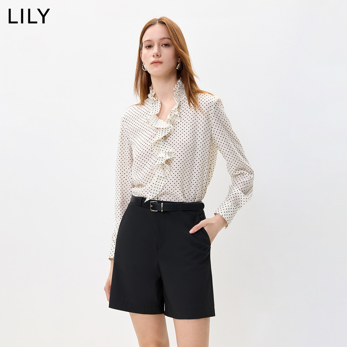 LILY2026秋新款女装醋酸混纺复古波点荷叶边正肩浪漫气质通勤衬衫
