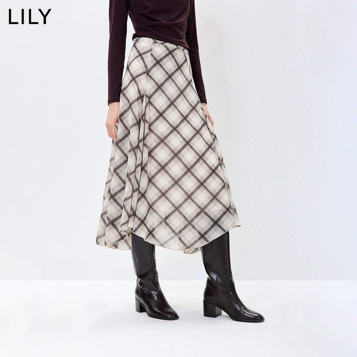LILY2026秋新款复古中高腰不规则斜格纹宽松休闲通勤百搭半身裙女