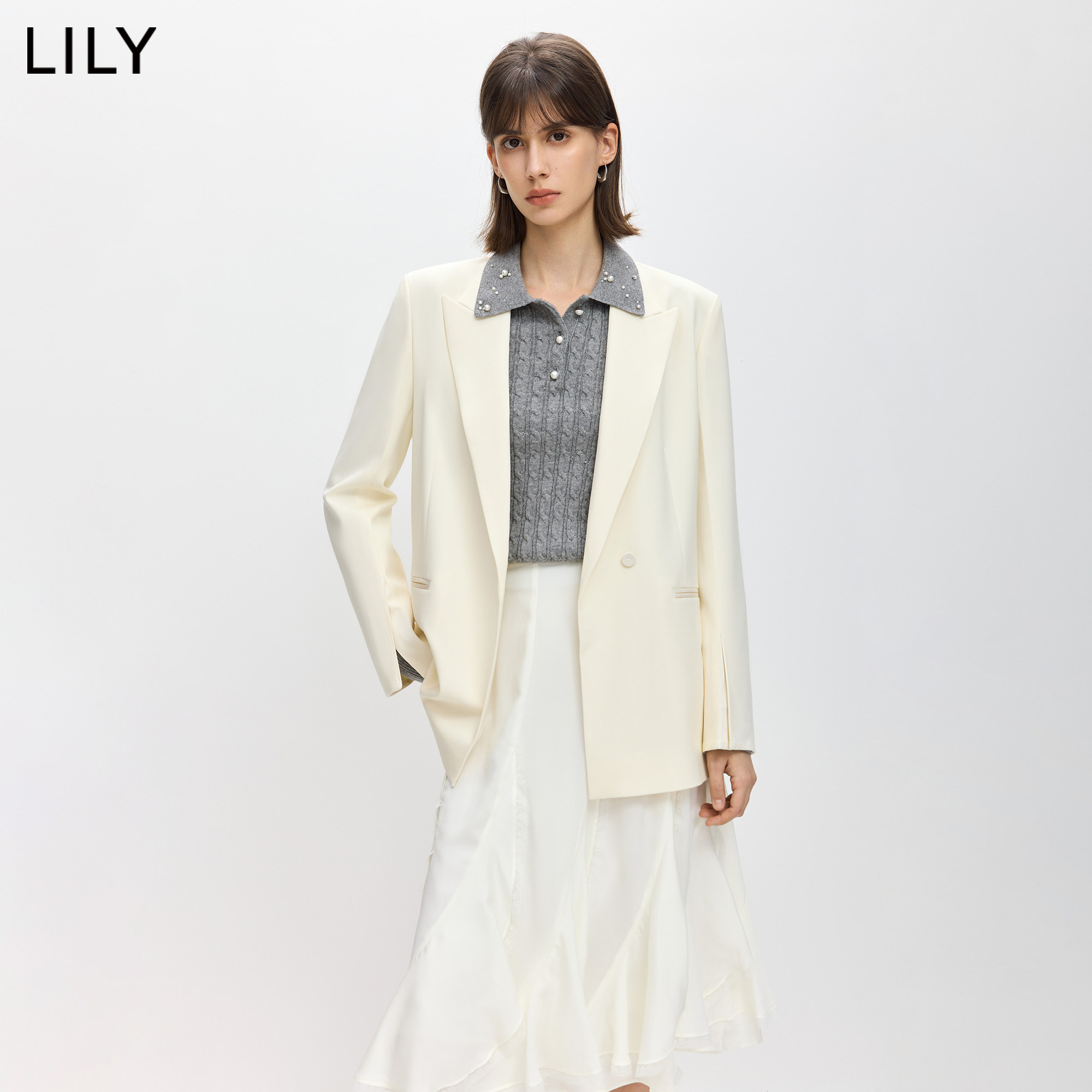 LILY2026春新款女装含羊毛时髦简约休闲廓形气质通勤白色西装外套