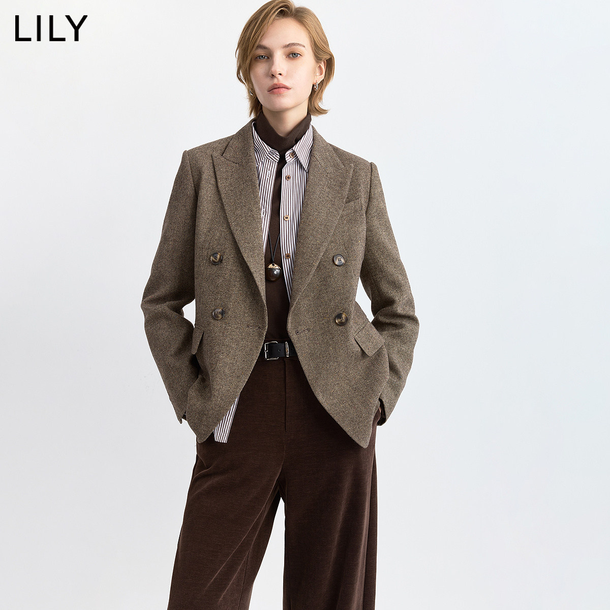 LILY2026冬新款女装复古英伦风粗花呢双排扣休闲通勤毛呢西装外套