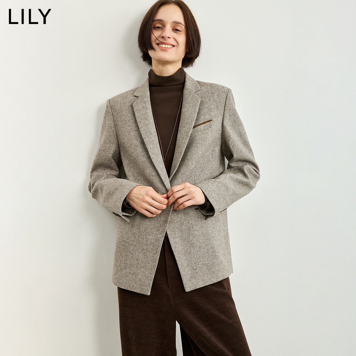 LILY2026冬新款女装羊毛混纺复古撞色宽松深灰色毛呢西装西服外套