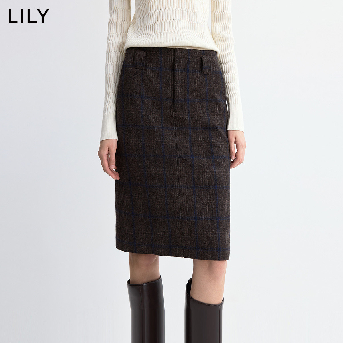 LILY2026冬新款女装羊毛混纺复古学院风格纹气质通勤直筒裙半身裙