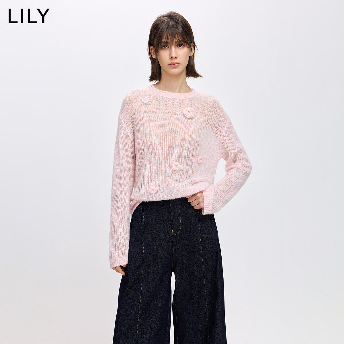 LILY2026春新款女装羊毛羊驼毛混纺立体花朵浅粉色针织衫毛衣罩衫