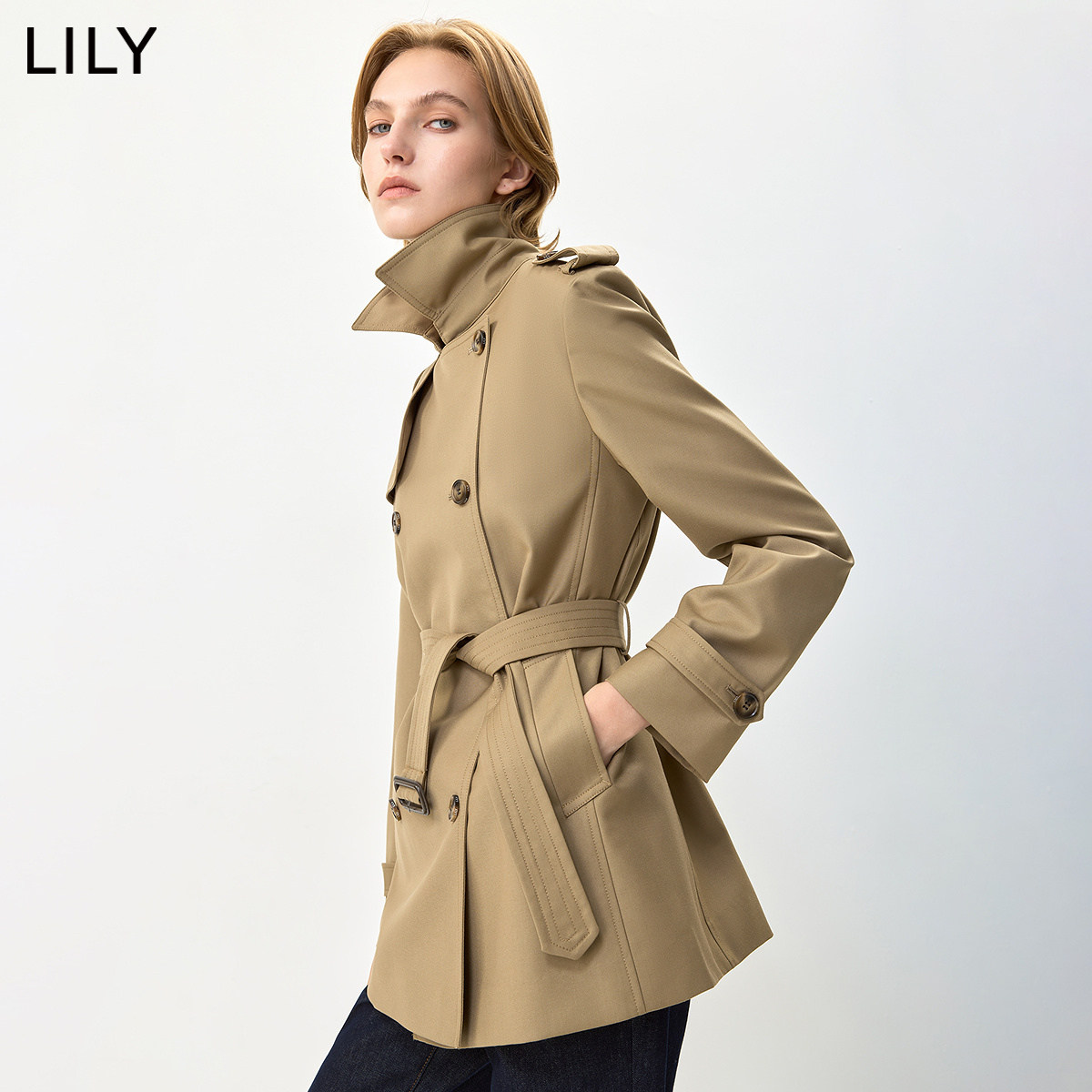 LILY2026秋新款女装复古双排扣腰带收腰廓形休闲通勤长袖风衣外套