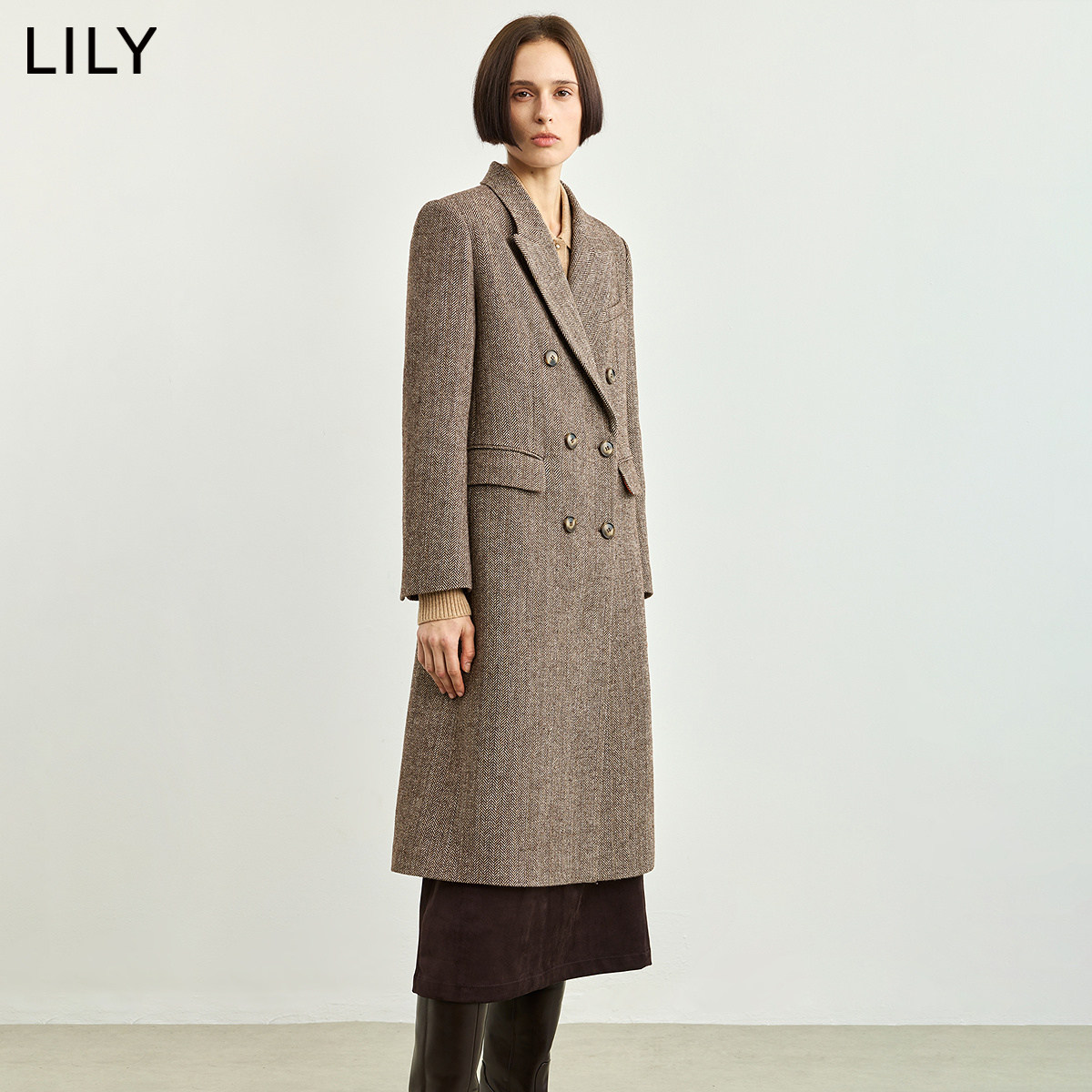 LILY2026冬新款女装复古英伦风粗花呢轻商务宽松通勤毛呢外套大衣