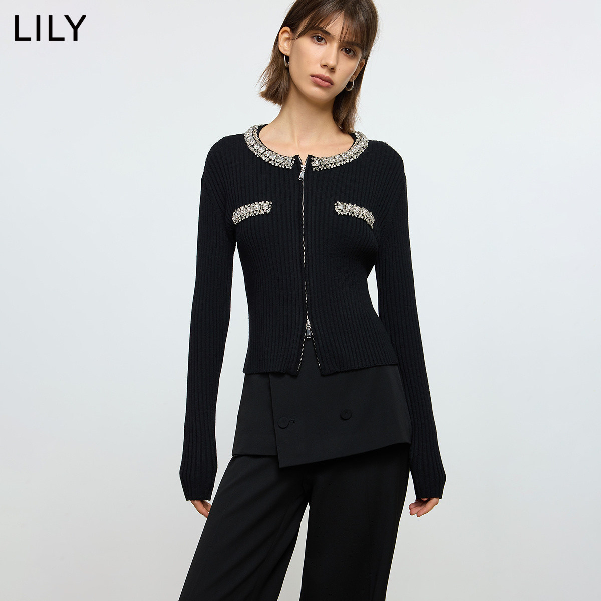 LILY小香风钉钻羊毛针织开衫女