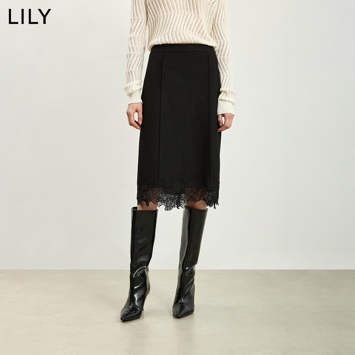 LILY2026冬新款女装复古蕾丝拼接气质通勤黑色直筒裙半身裙中长款