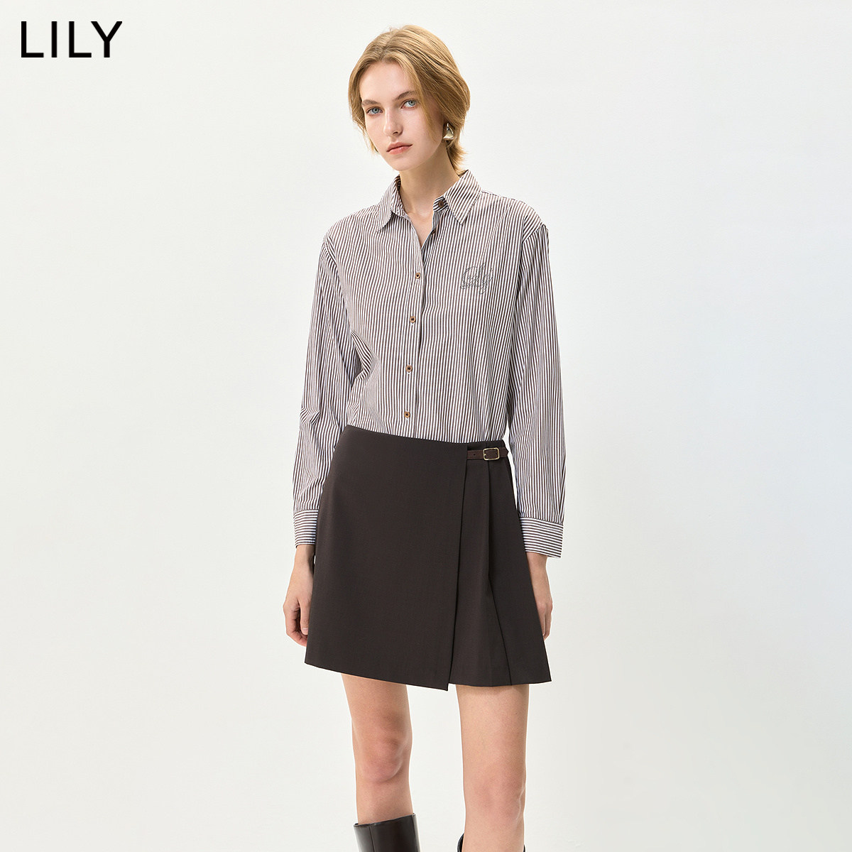 LILY2026秋新款女装纯棉简约松弛感撞色条纹翻领通勤长袖衬衫外套