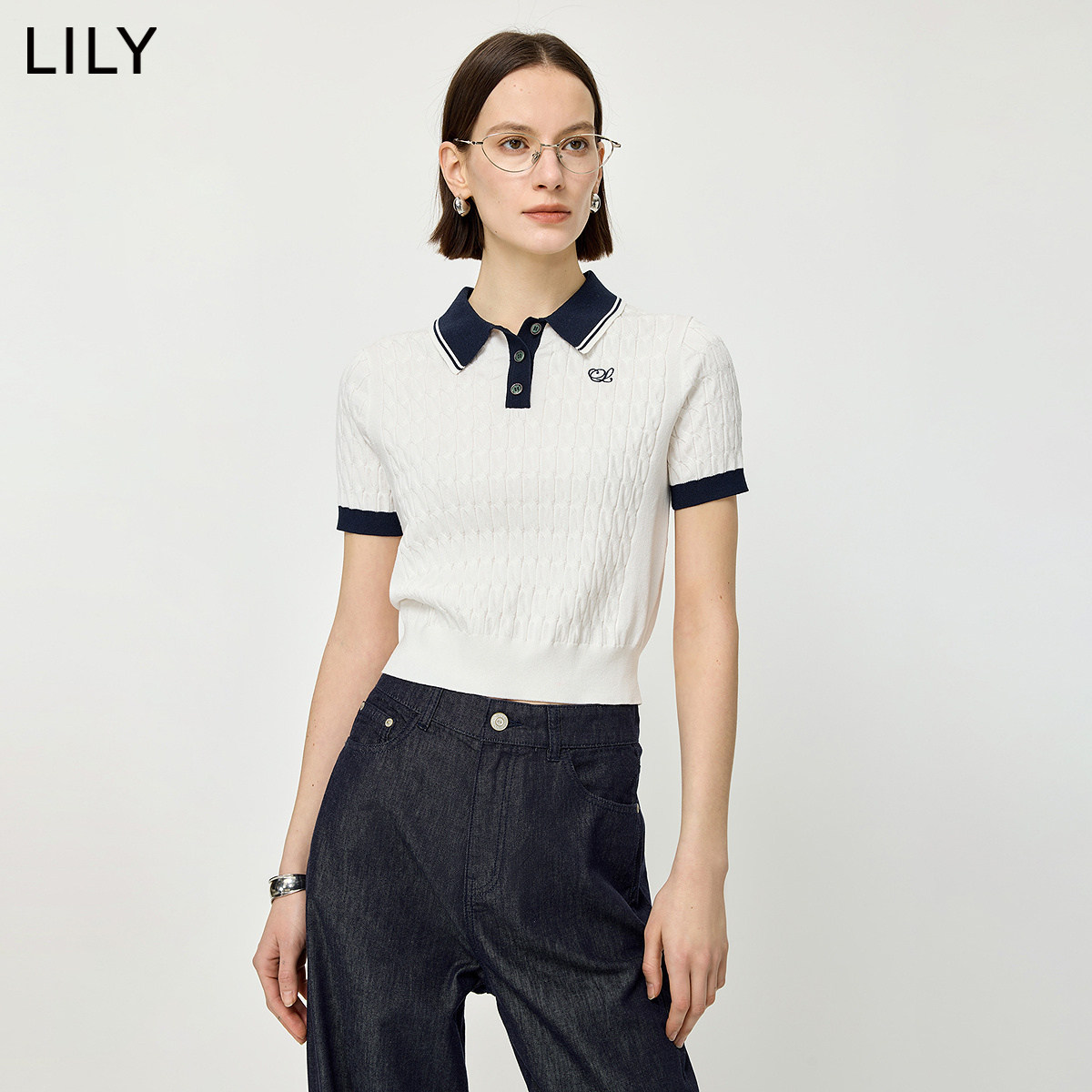 LILY2026夏新款女装老钱风撞色POLO领休闲气质通勤短袖白色针织衫
