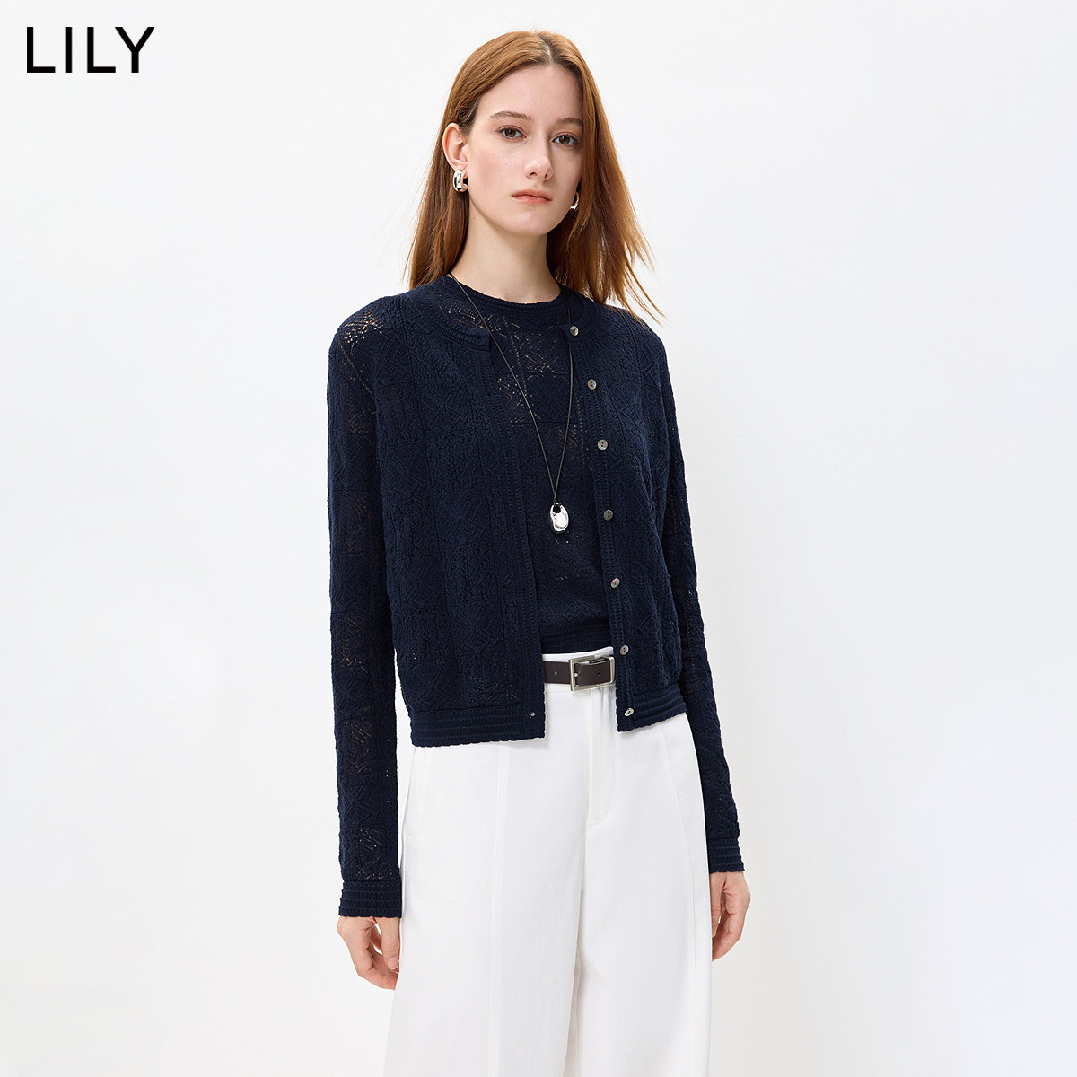 LILY2026秋新款镂空提花休闲通勤百搭纯棉长袖针织开衫外套女短款