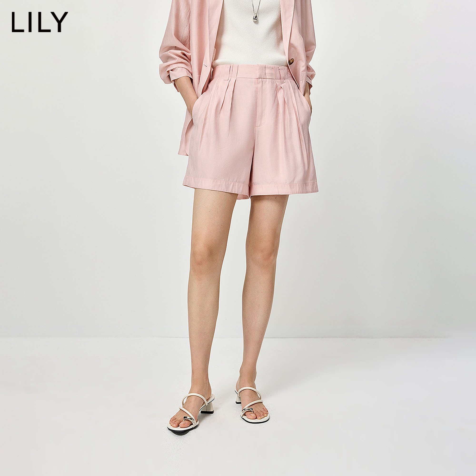 LILY2026夏新款女装莱赛尔混纺简约压褶气质通勤水粉色阔腿裤短裤