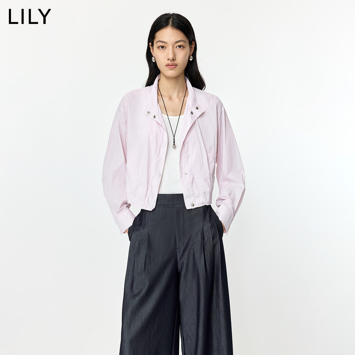 LILY2026夏新款简约帅气翻领立领休闲通勤百搭纯色夹克外套女短款