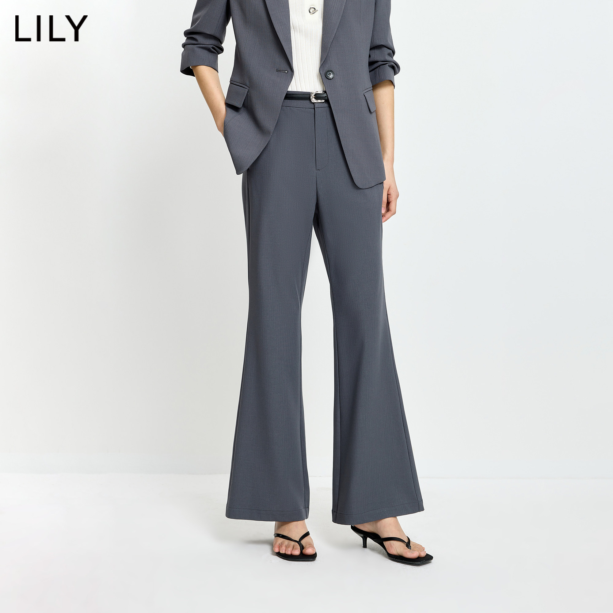 LILY2026夏新款格雷系修身松紧腰休闲气质通勤西装裤灰色微喇裤女