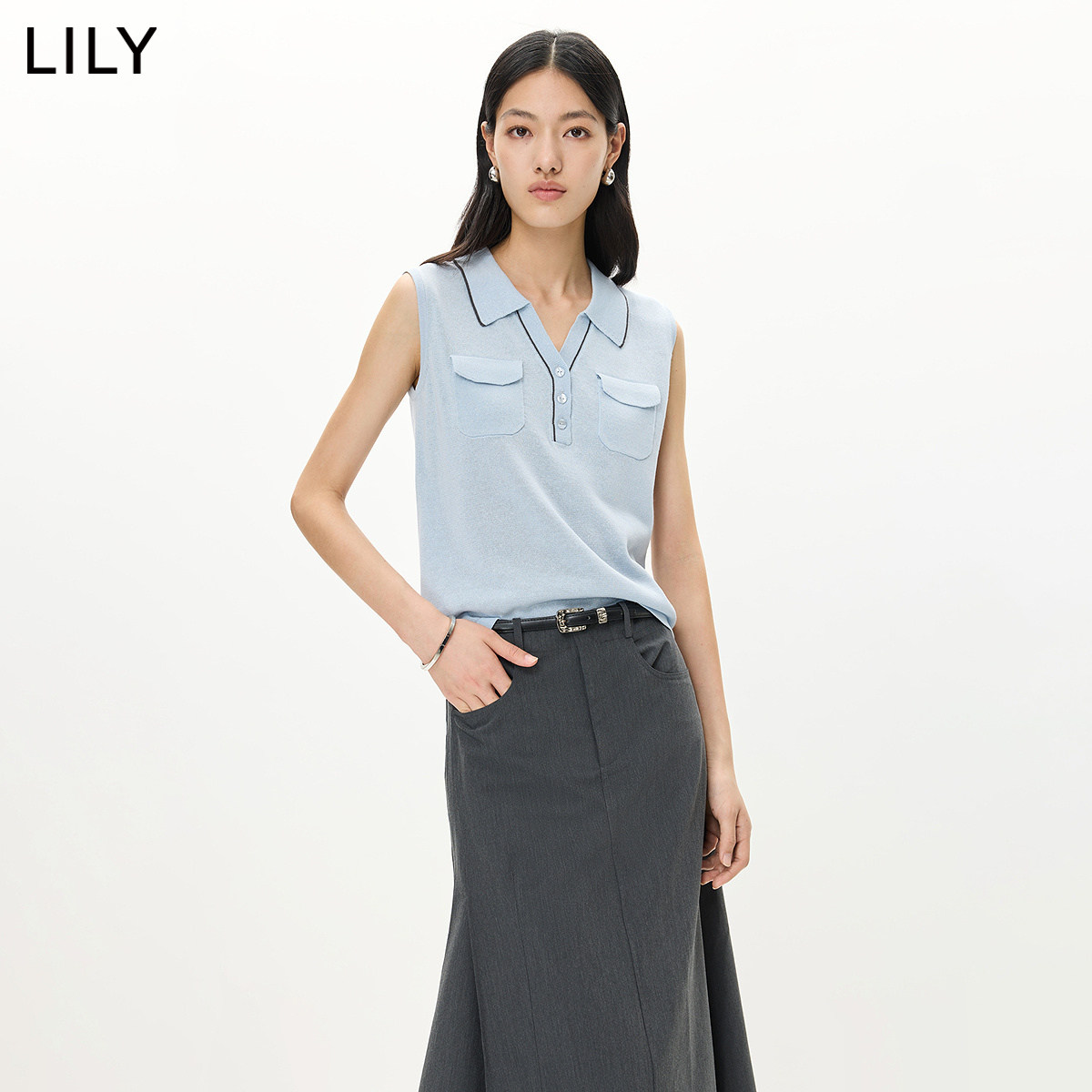 LILY2026夏新款含莱赛尔亚麻剪刀领休闲无袖针织衫背心马甲女短款