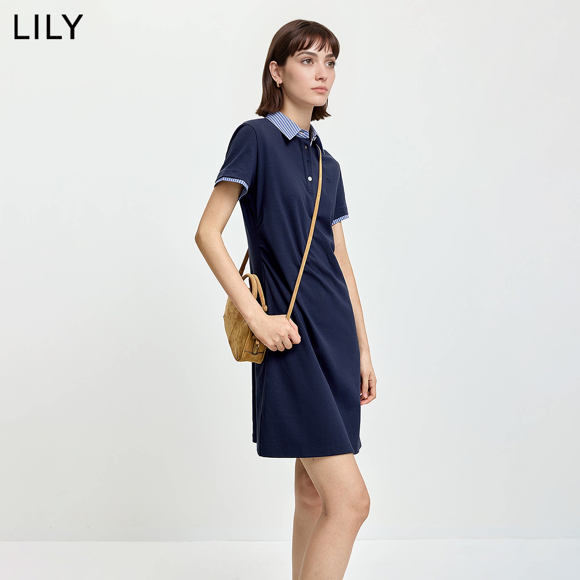 LILY夏新款POLO领条纹连衣裙