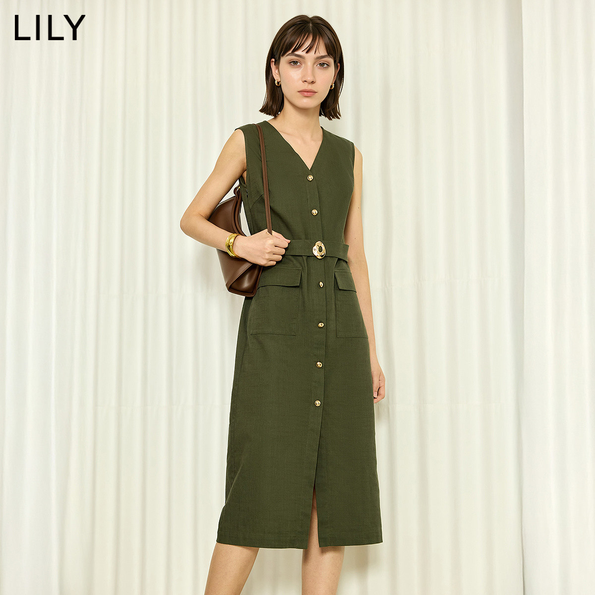 LILY2026夏新款棉麻混纺复古V领收腰气质通勤无袖连衣裙直筒裙女