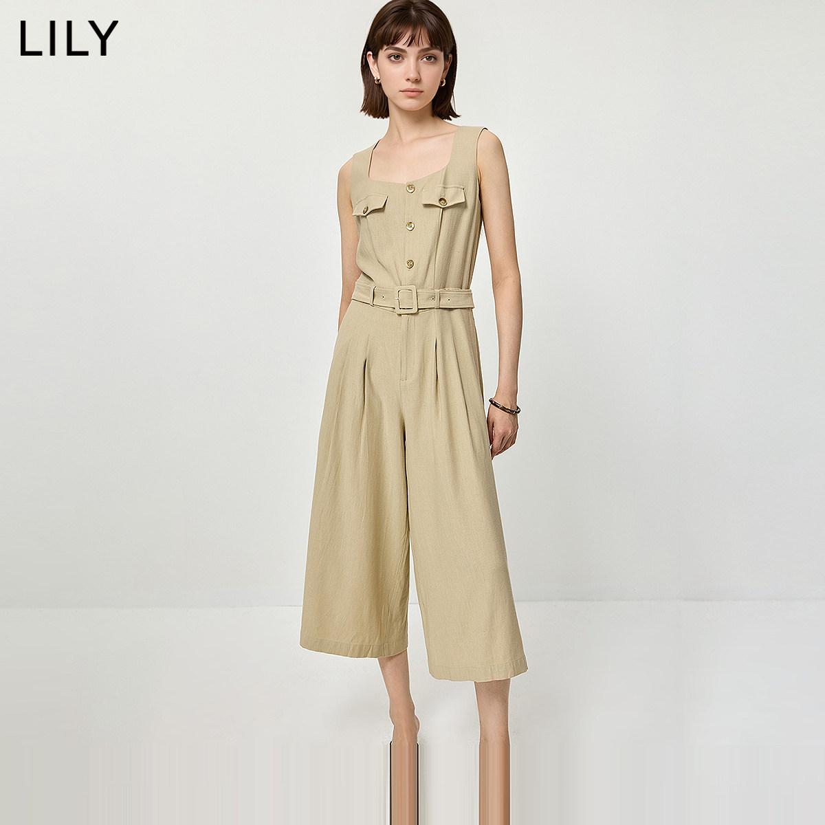 LILY2026夏新款含亚麻简约方领腰带收腰宽松休闲吊带背心连体裤女