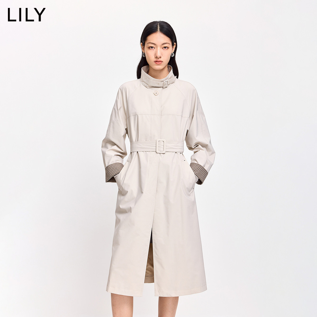 LILY2026春新款女装复古经典小高领腰带收腰宽松休闲通勤风衣外套