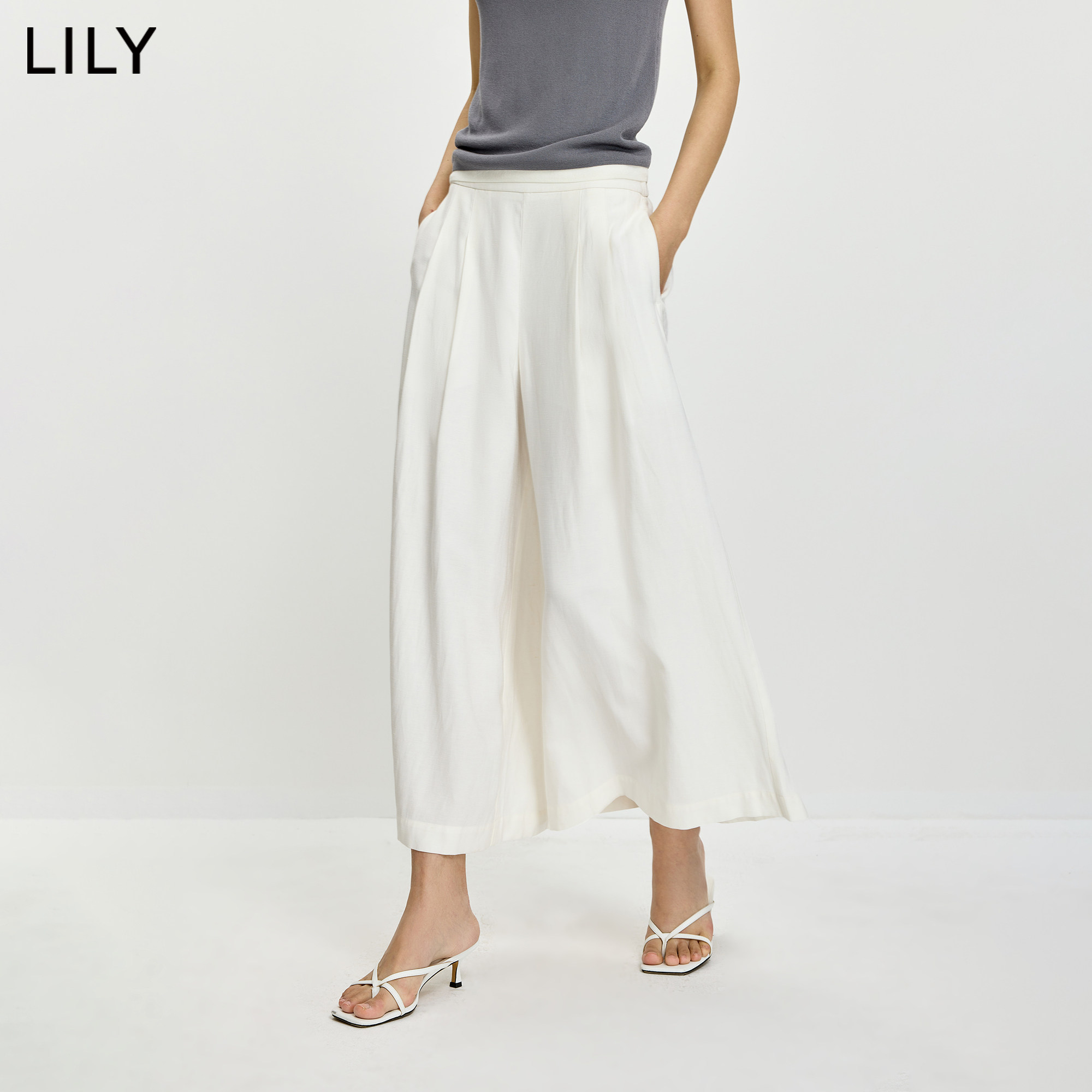 LILY夏季亚麻通勤九分阔腿裤