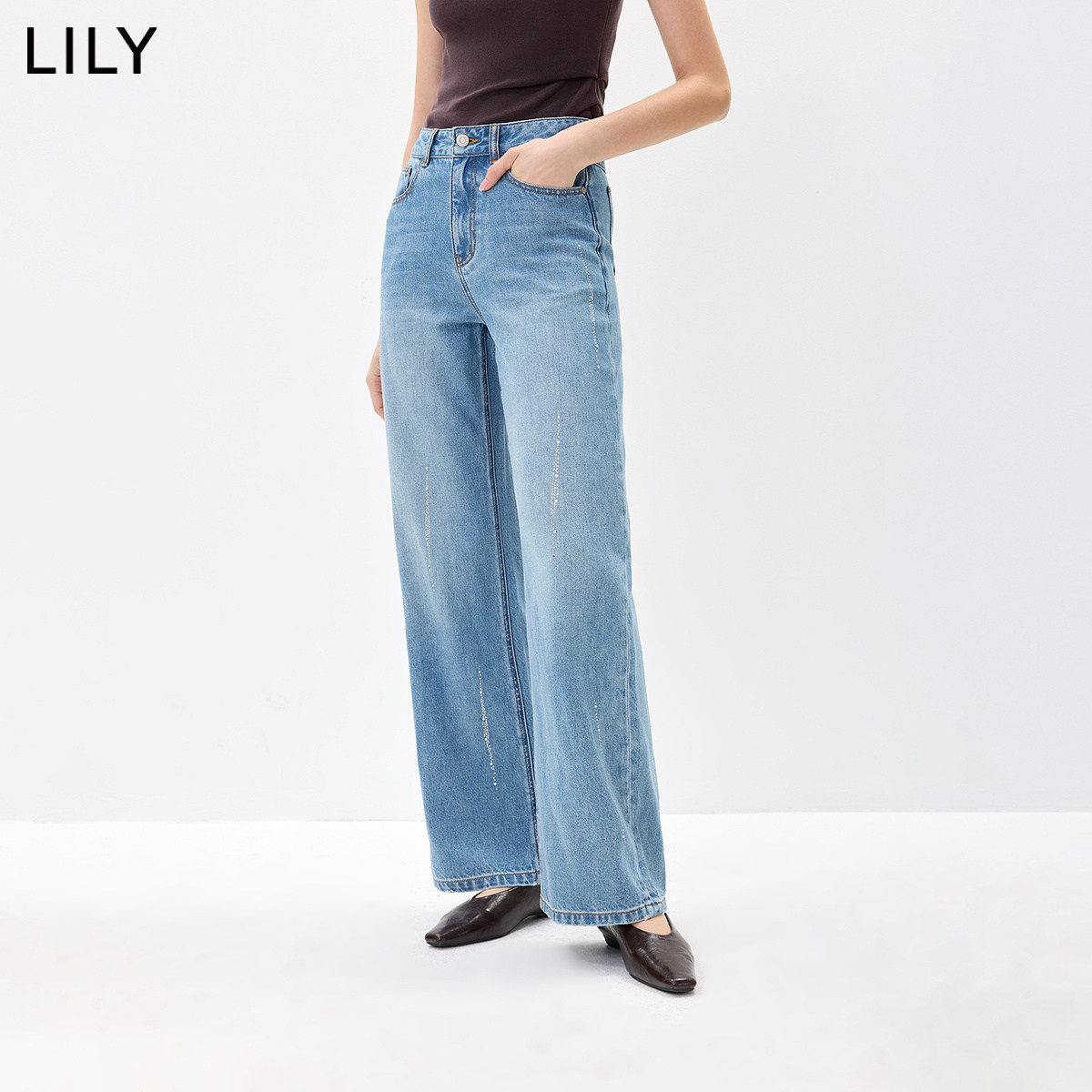 LILY2026秋新款莱赛尔棉混纺复古烫钻高腰宽松通勤阔腿裤牛仔裤女