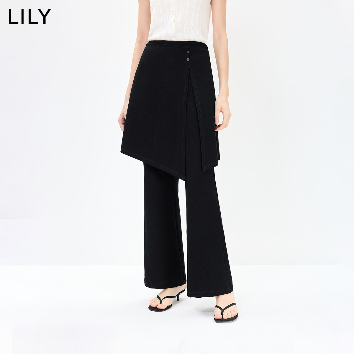 LILY2026秋新款复古假两件不对称屁帘休闲通勤黑色休闲裤微喇裤女