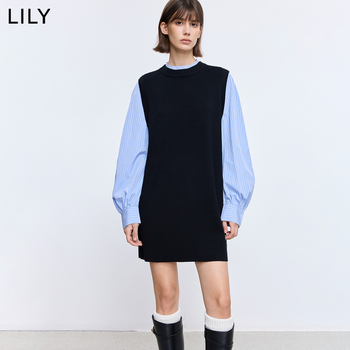 LILY2026秋新款复古拼接条纹长袖气质通勤深色直筒裙针织连衣裙女