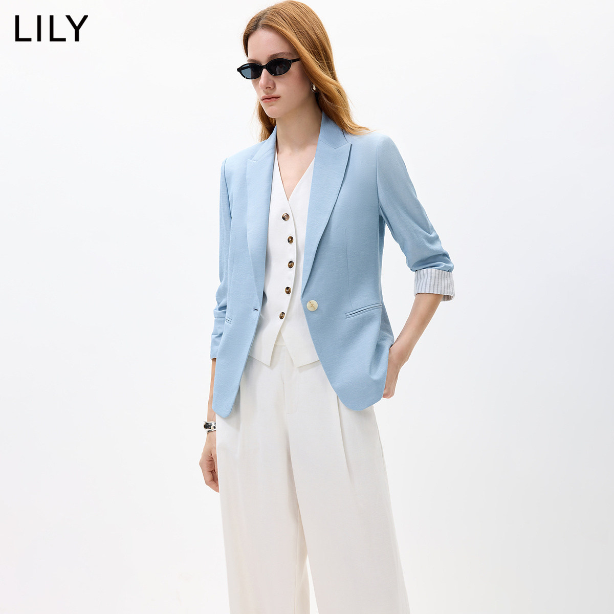 LILY2026夏新款女装莱赛尔亚麻混纺老钱风抽褶七分袖通勤西装外套