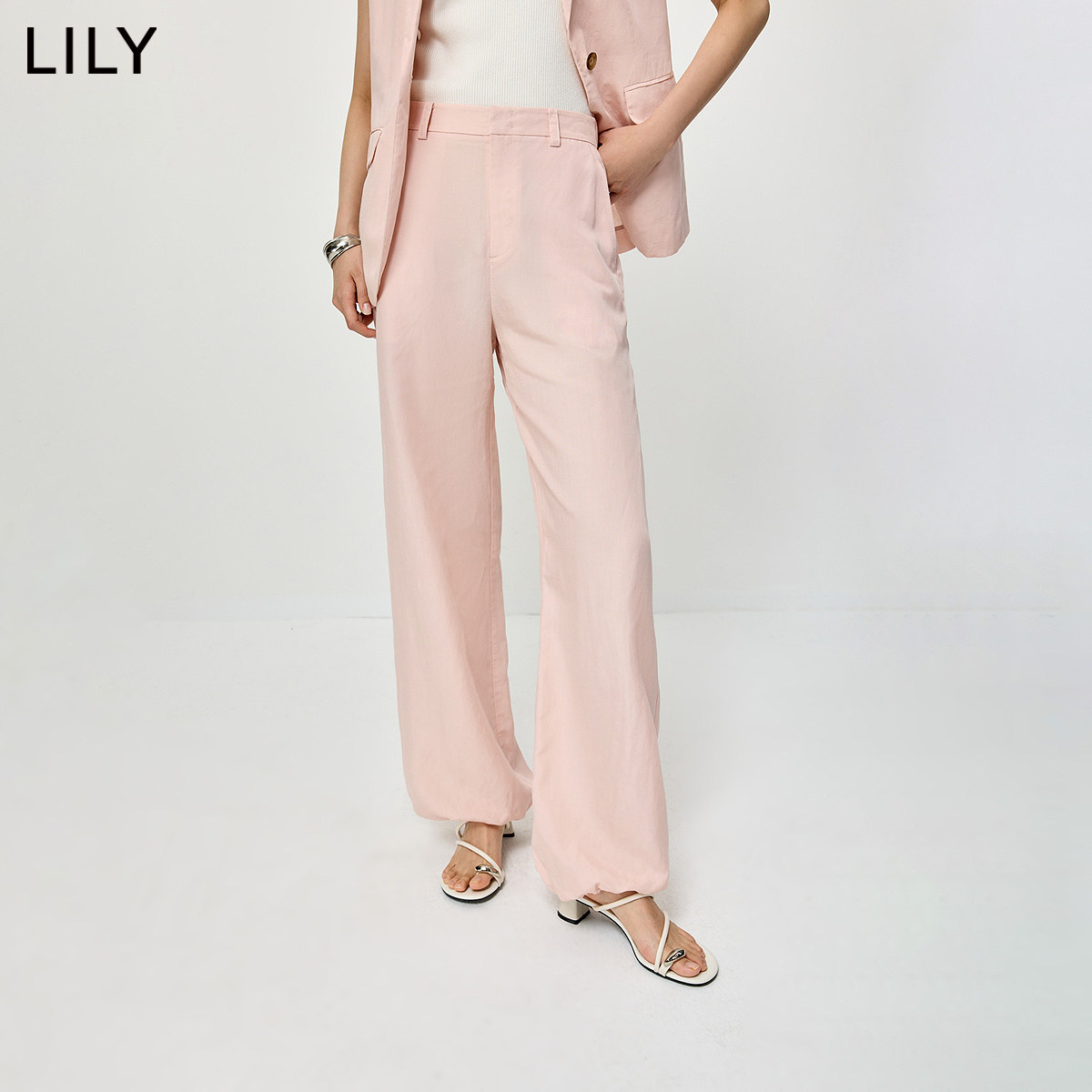 LILY2026夏新款女装莱赛尔亚麻混纺简约宽松休闲通勤直筒裤束脚裤