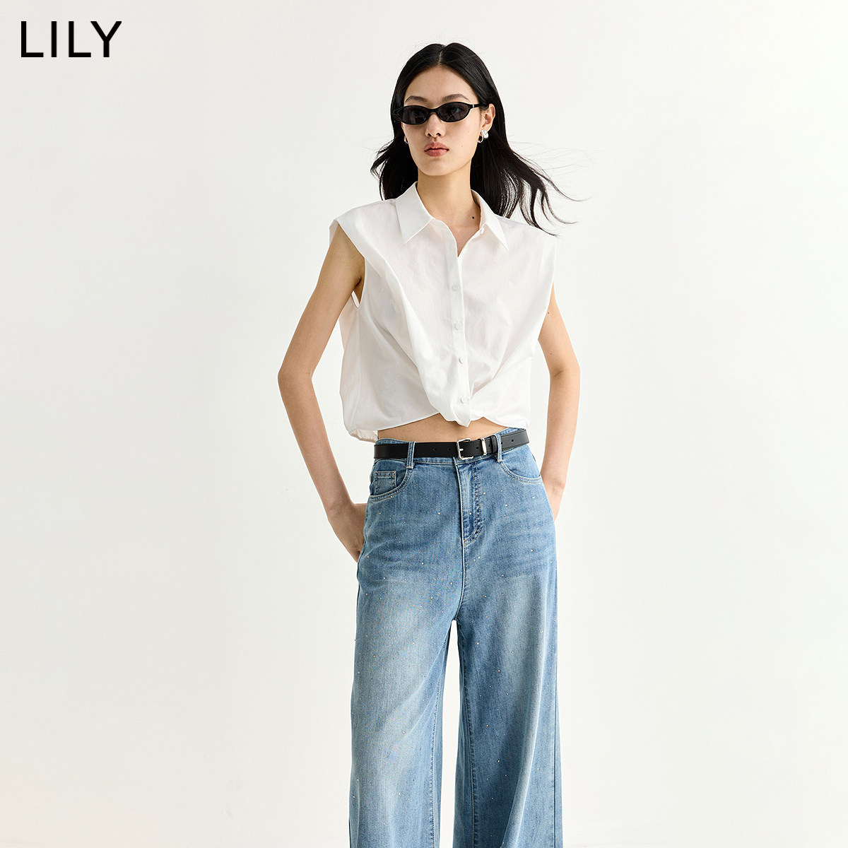 LILY2026夏新款简约翻领宽松休闲通勤纯色无袖坎肩雪纺衫女套头衫