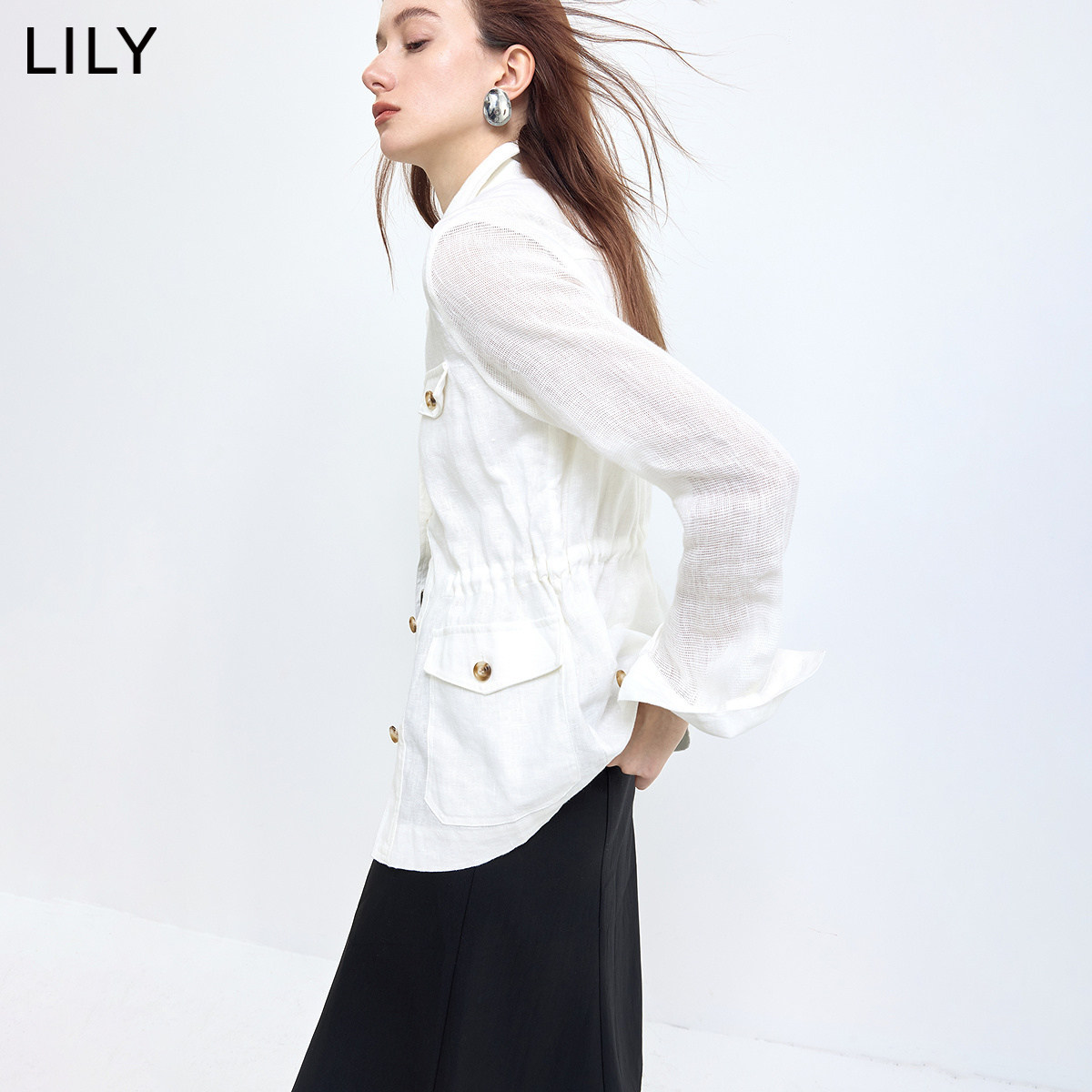 100%亚麻LILY2026夏新款女装简约翻领宽松通勤薄款工装衬衫式外套