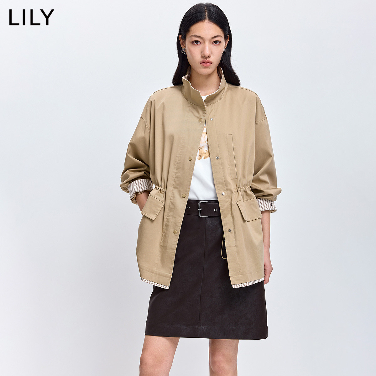 LILY2026春新款女装含莱赛尔立领收腰宽松休闲通勤风衣外套中长款