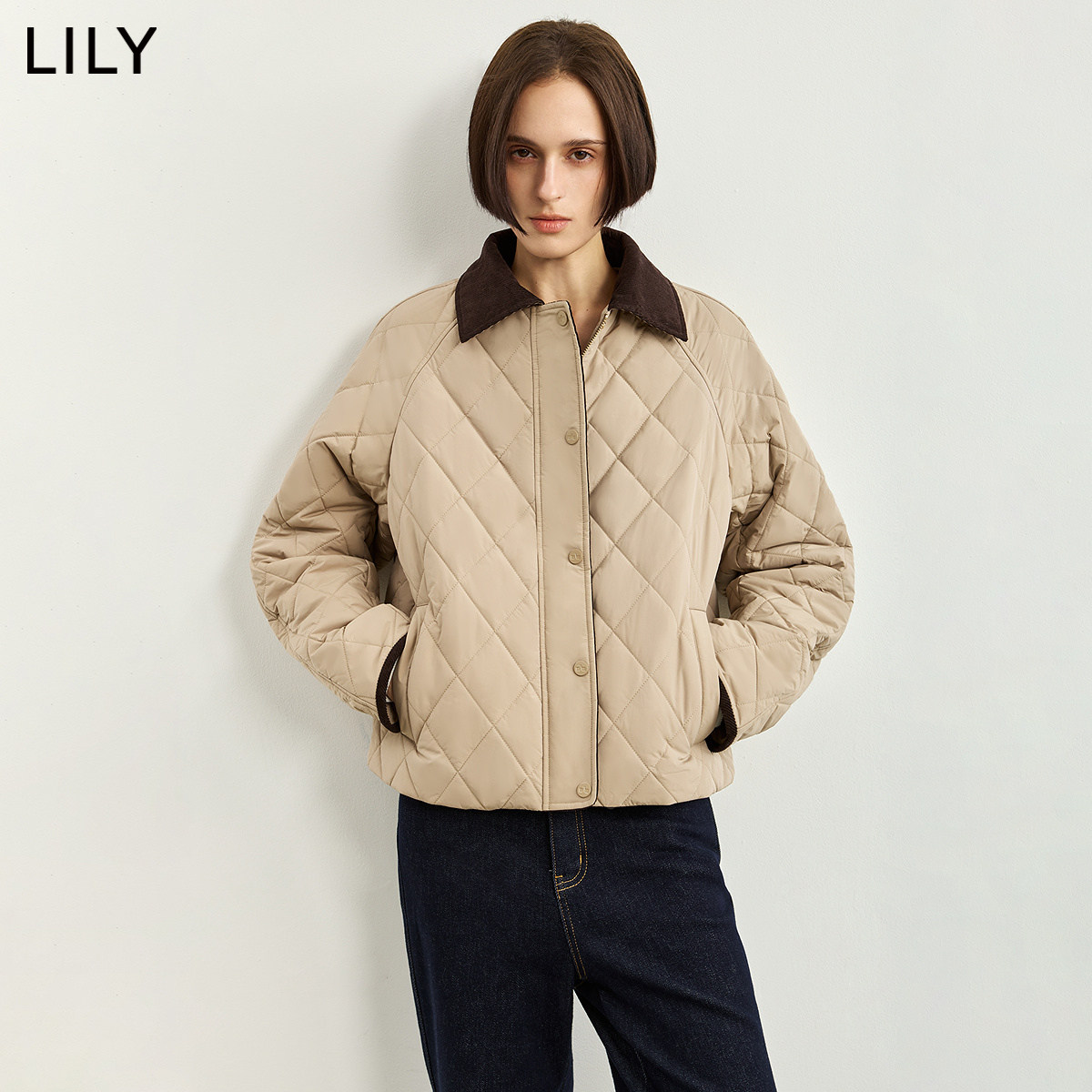 LILY冬新款复古撞色菱格棉服
