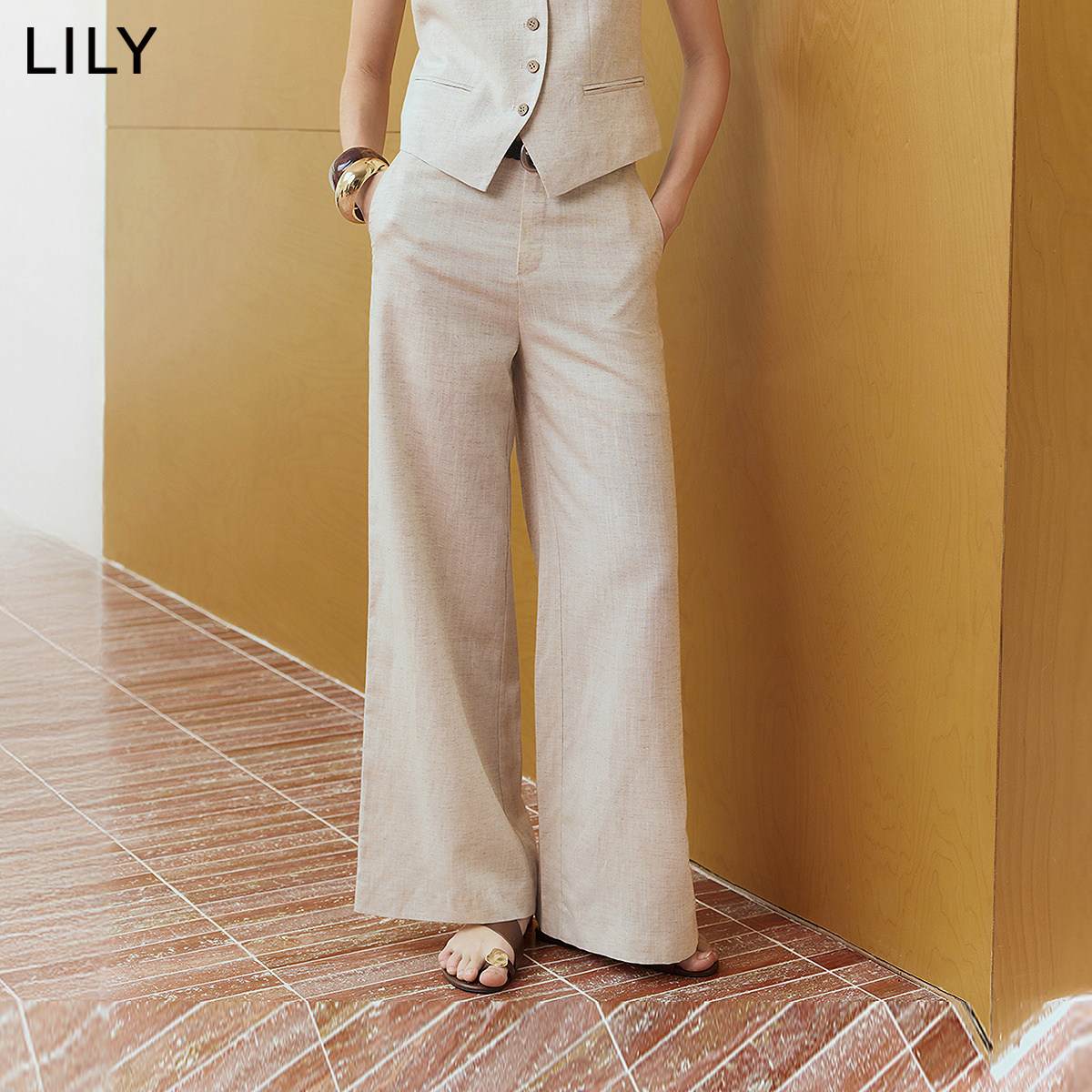 LILY2026夏新款女装莱赛尔亚麻混纺简约老钱风宽松通勤直筒阔腿裤